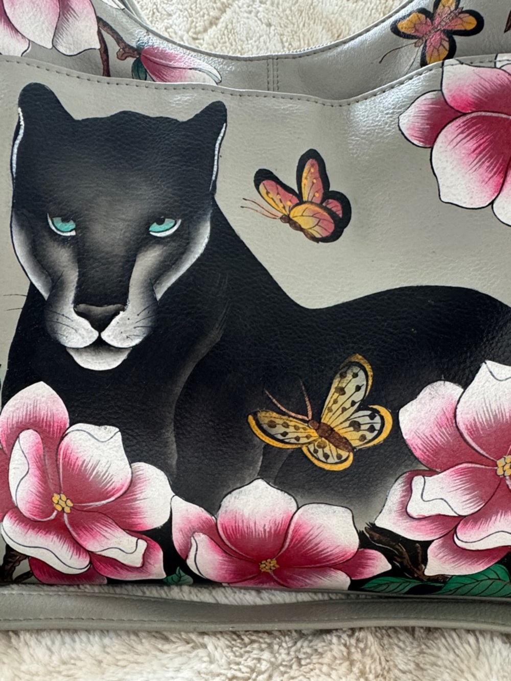 Anuschka Leather Shoulder Crossbody Bag with Hand Painted Panther & Floral Art - Picture 4 of 15